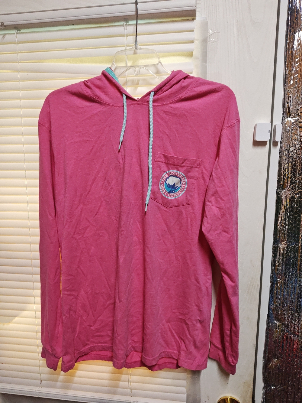 The Southern Shirt Company Pink Hooded Long Sleeve Pocket Tee with Blue Trim